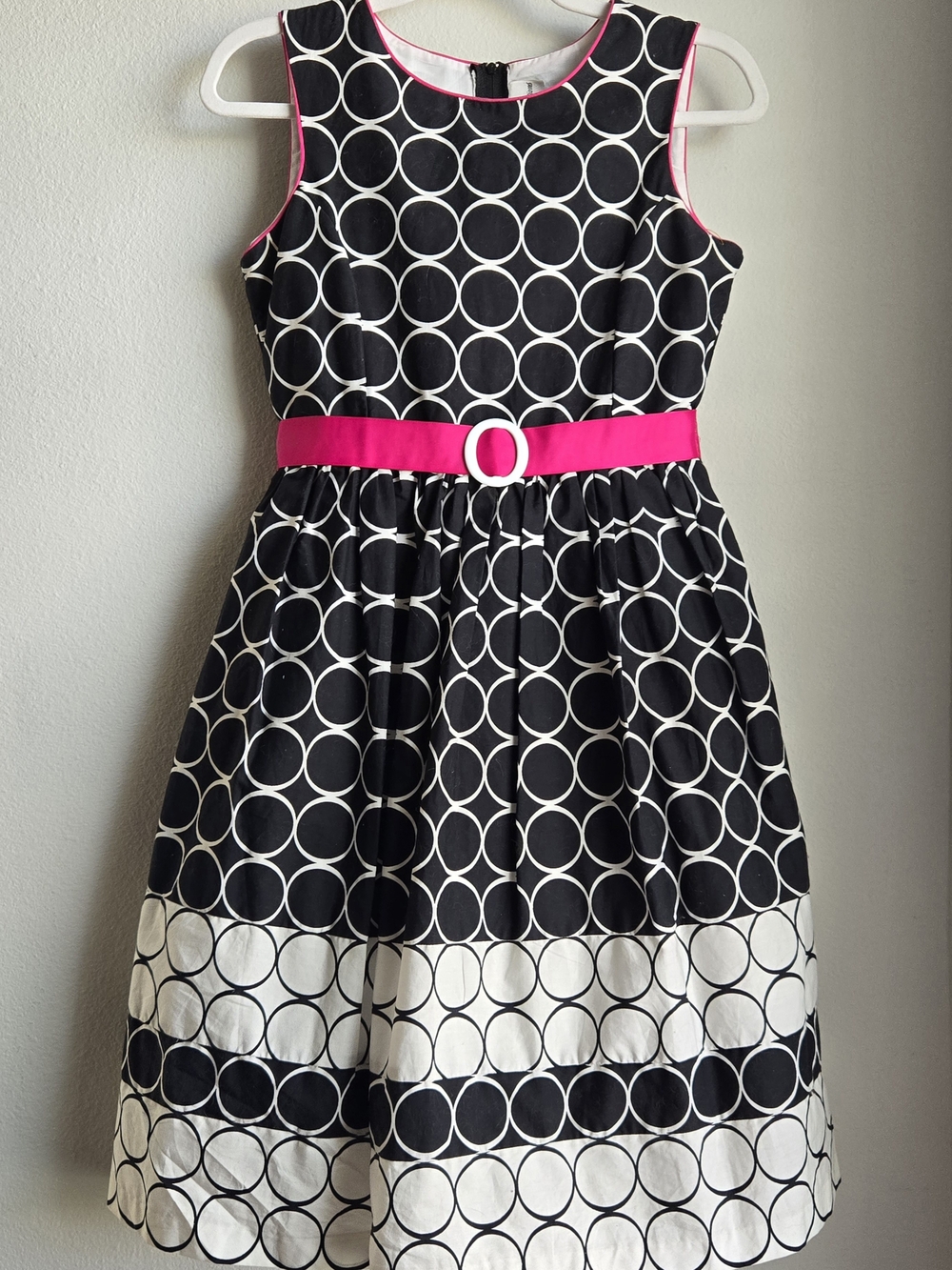 Rare Editions Black & White Circle-Print Dress with Hot Pink Belt, Sz 16